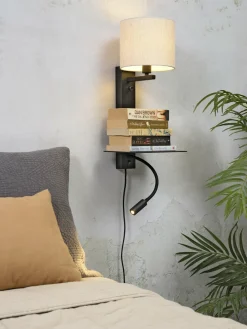 it's about RoMi Wandlamp ijzer Florence plank+usb+leeslamp 15000hrs incl. dimmer l. linnen