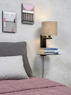 it's about RoMi Wandlamp ijzer Florence E14 met plank+usb incl. dimmer d. linnen