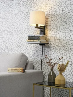 it's about RoMi Wandlamp ijzer Florence E14 met plank+usb incl. dimmer l. linnen