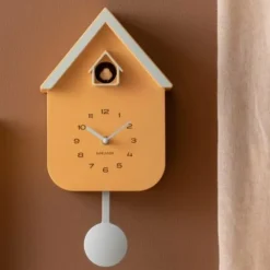 Karlsson Wandklok Dupla Color Cuckoo mango geel met zacht blauw