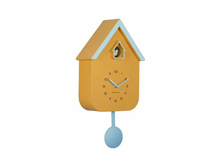 Karlsson Wandklok Dupla Color Cuckoo mango geel met zacht blauw