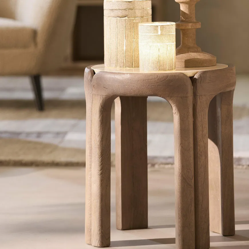 Light en Living Bijzettafel Ø45x50 cm ALI hout grijs-d bruin+travertin zand