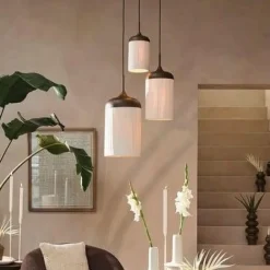 Light en Living Hanglamp 3L Ø35x32 cm DANIALO houtprint donkerbruin met touw creme