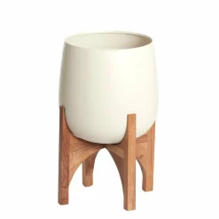 Light en Living Pot deco op voet Ø36x50 cm KARUNA hout+mat crème