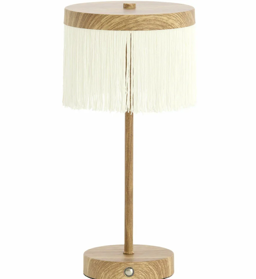 Light en Living Tafellamp DINY LED Ø17x35 cm – Houtprint met Crème Franje | Light & Living