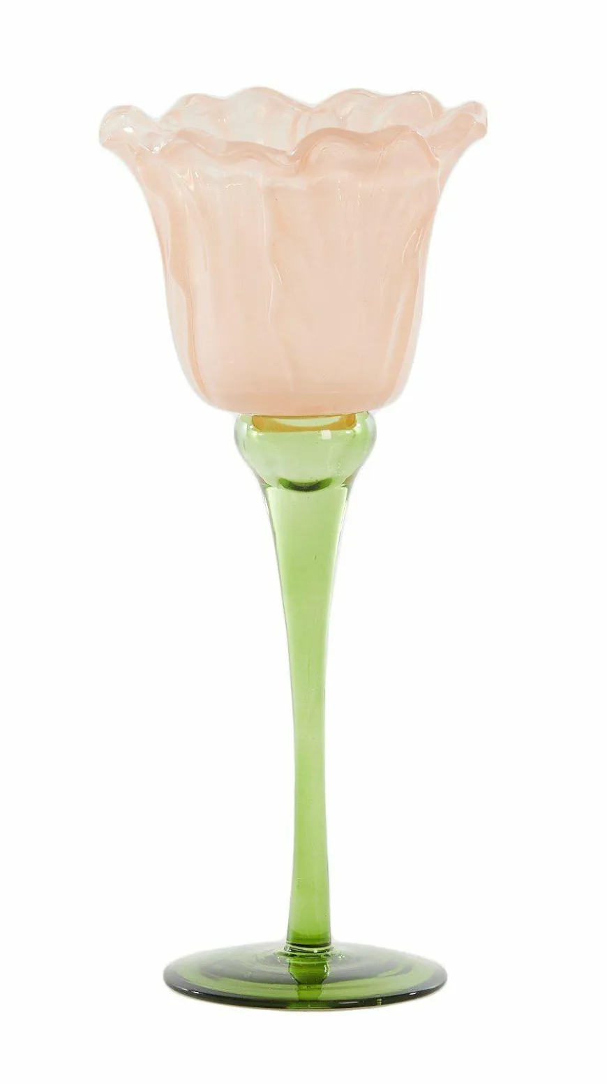 Light en Living Theelicht op voet Ø10,5x22,5 cm FLOWALY glas groen+peach