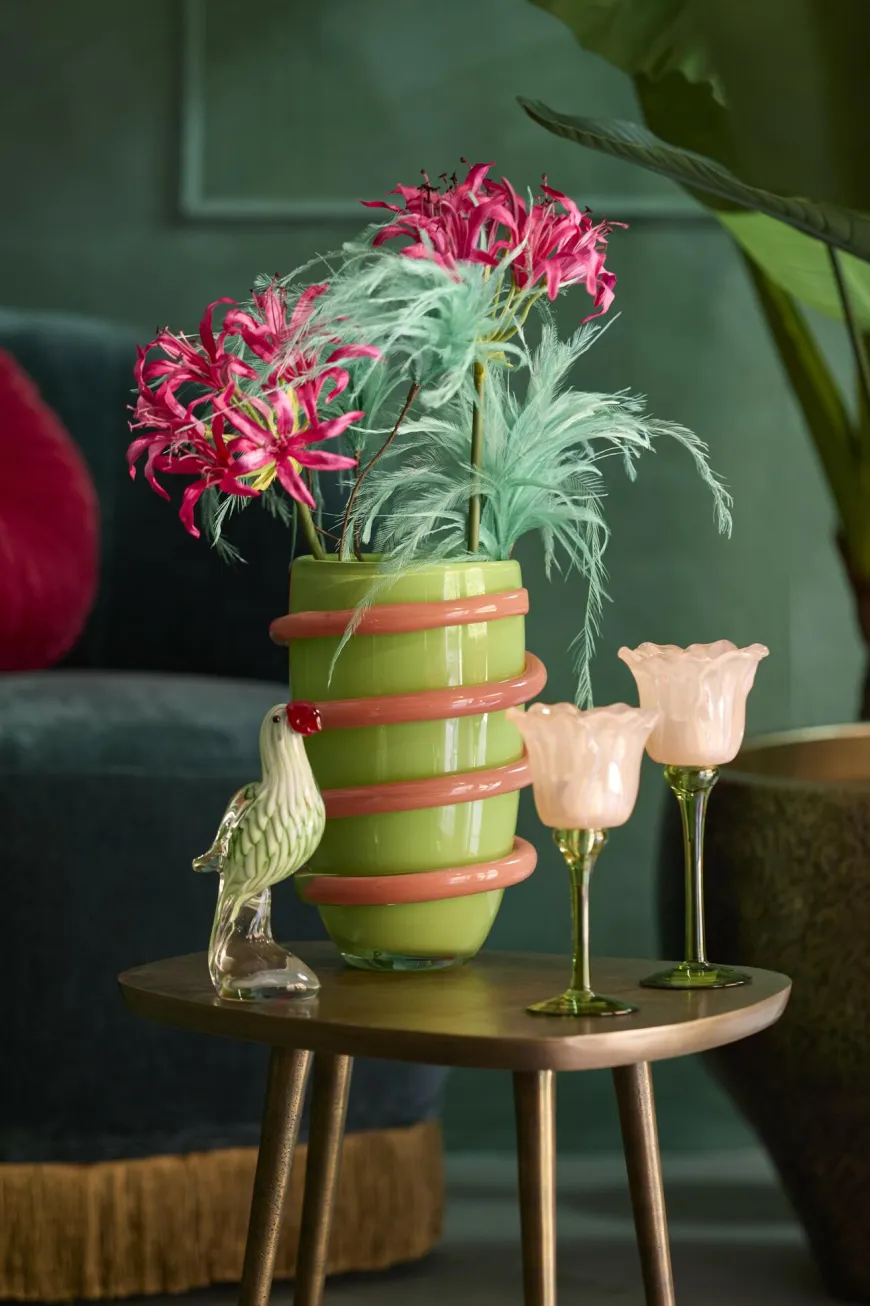 Light en Living Theelicht op voet Ø10,5x22,5 cm FLOWALY glas groen+peach
