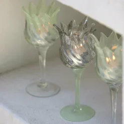 Light en Living Theelicht op voet Ø9,5x24 cm FLORA glas helder+mt mint groen