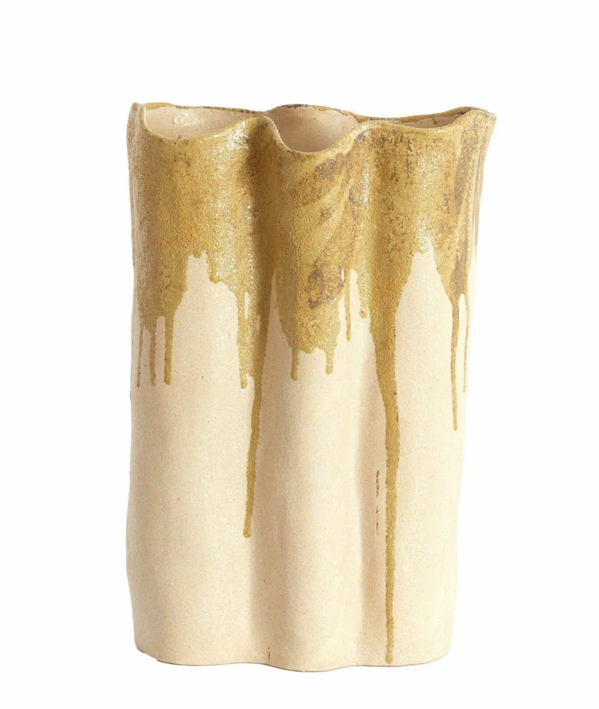 Light en Living Vaas deco 26x14x40 cm FLOVILLA keramiek crème+olijf groen