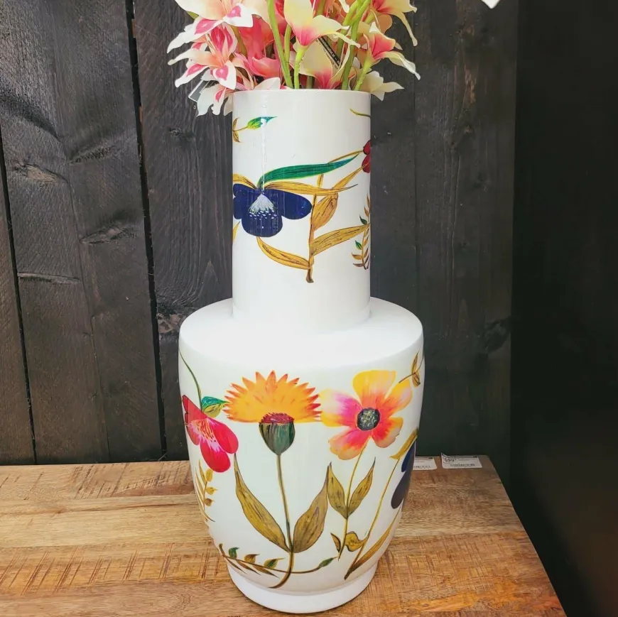 Light en Living Vaas deco Ø28x55 cm YVOTA wit+bloemen print