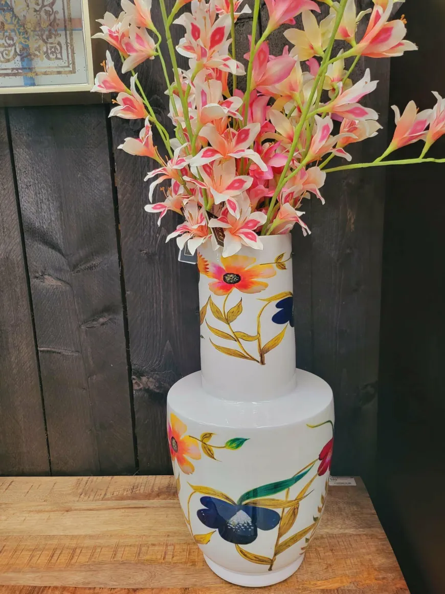 Light en Living Vaas deco Ø28x55 cm YVOTA wit+bloemen print