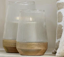 Light en Living Windlicht Ø18X26 Cm MINAS glas Rib helder+hout Natural
