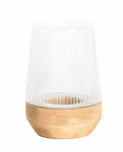 Light en Living Windlicht Ø18X26 Cm MINAS glas Rib helder+hout Natural