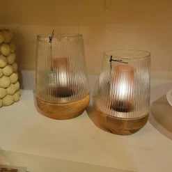 Light en Living Windlicht Ø22x30 Cm MINAS glas Rib helder+hout naturel