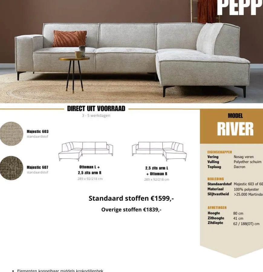 Pepp Interiors Hoekbank River - Ottoman links - Majestic 607