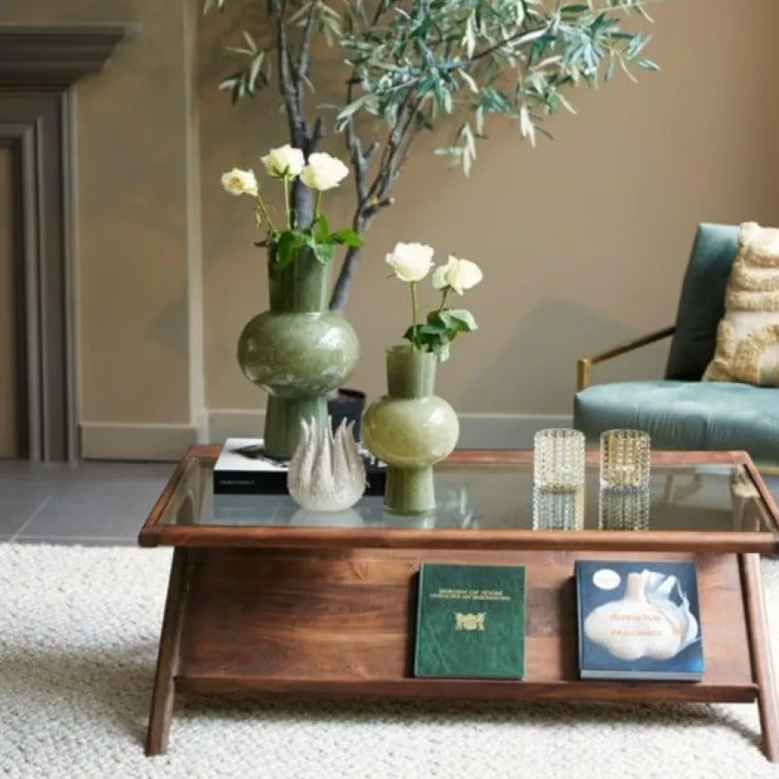 WoonMax Salontafel 112x70x41 cm YUKI acacia hout donker bruin+glas