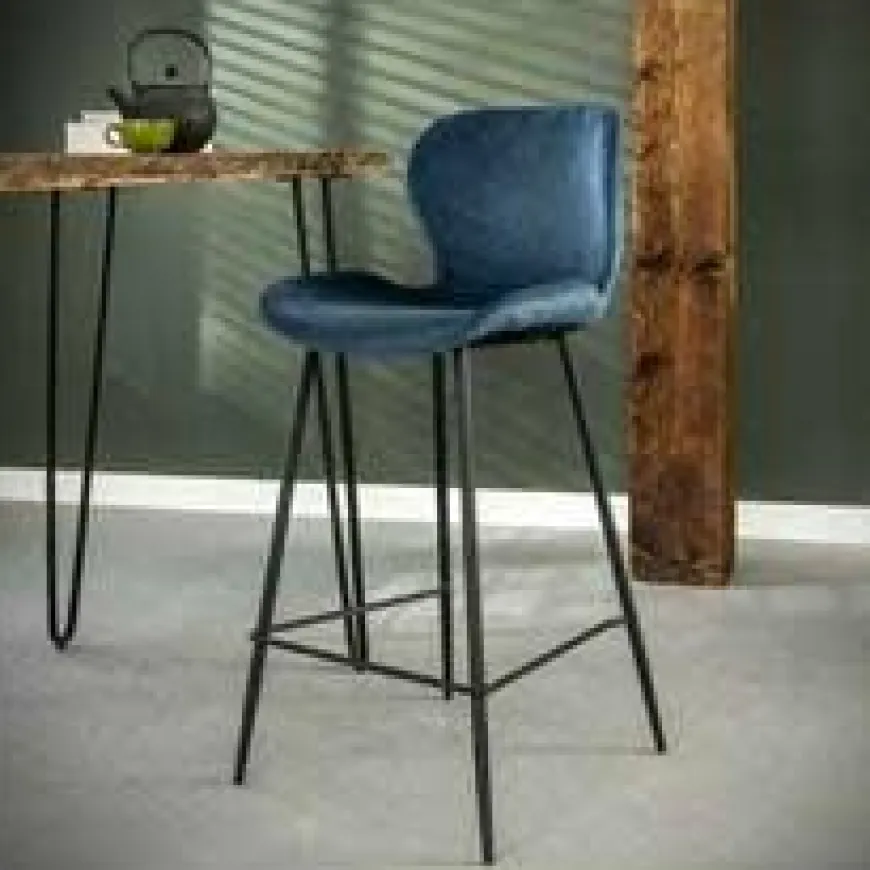 WoonStijl Barstoel velvet ronde buis blauw velvet
