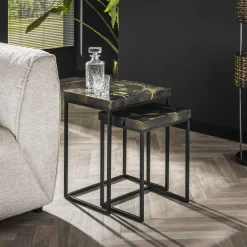 WoonStijl Bijzettafel set van 2 rechthoekig Robuust zwart met goud