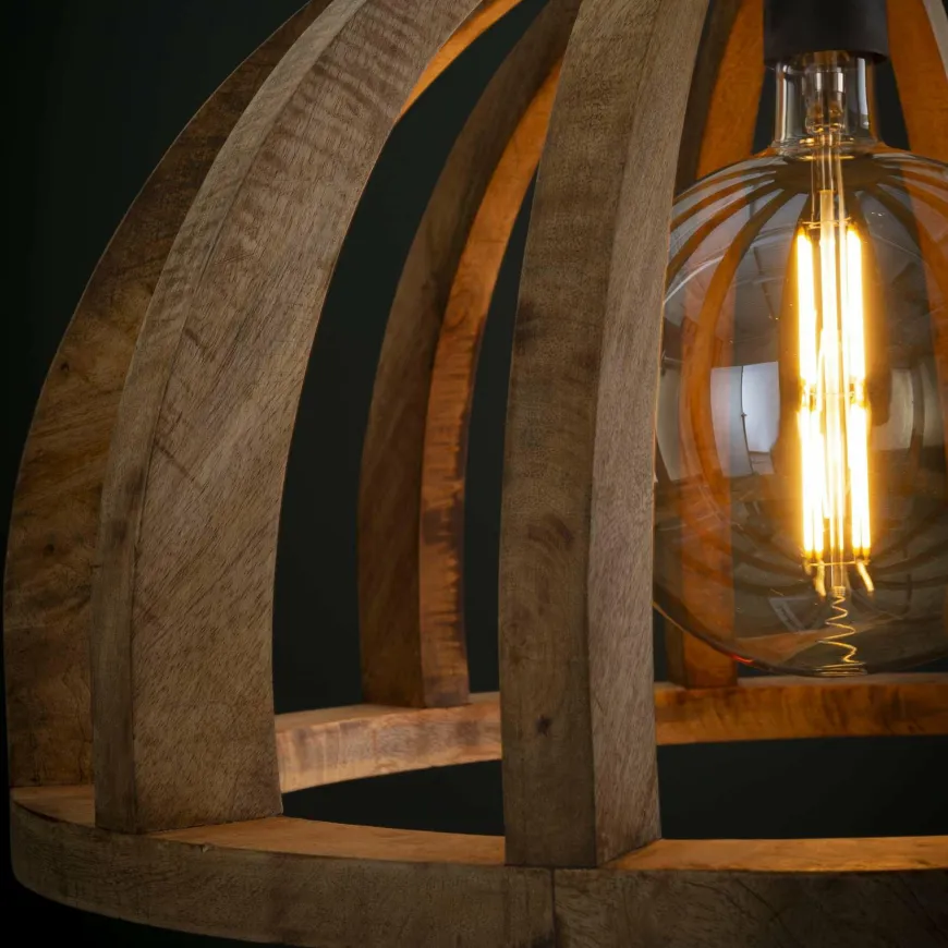 WoonStijl Hanglamp Ø60 gebogen houten spijlen / Massief mango naturel / Massief mango naturel