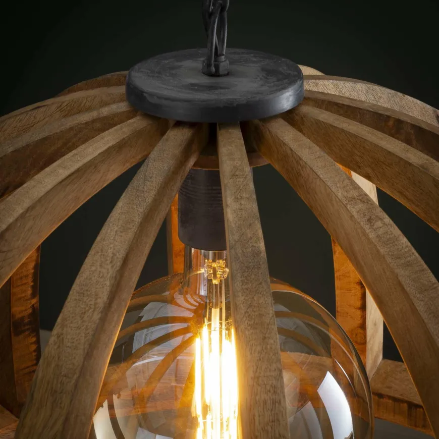 WoonStijl Hanglamp Ø60 gebogen houten spijlen / Massief mango naturel / Massief mango naturel