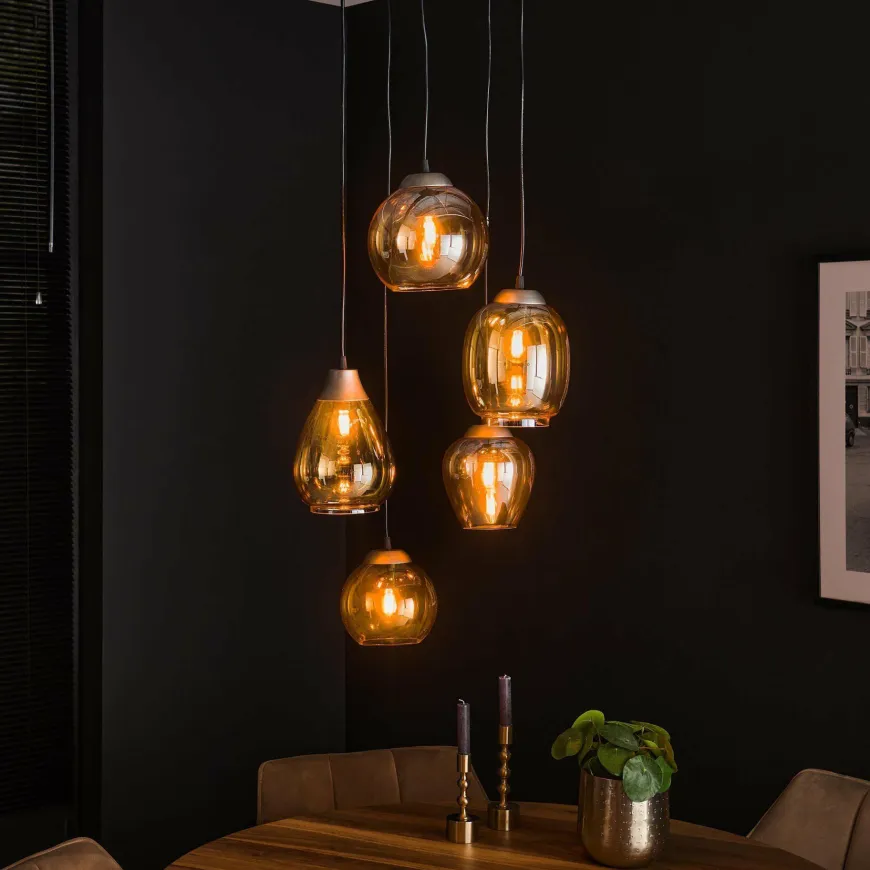 WoonStijl Hanglamp 5L getrapt mix amberkleurig glas