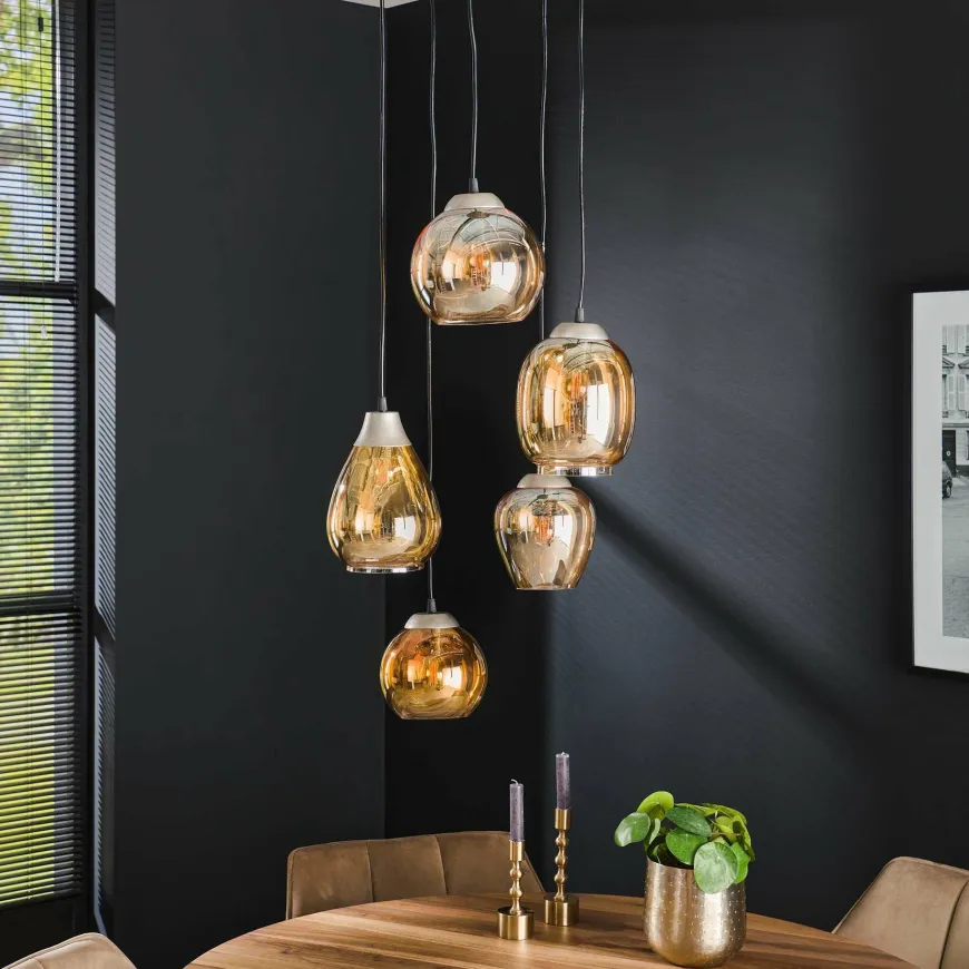 WoonStijl Hanglamp 5L getrapt mix amberkleurig glas