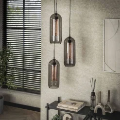 WoonStijl Hanglamp 3L getrapt smoke glas-geperforeerd staal