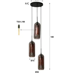 WoonStijl Hanglamp 3L getrapt smoke glas-geperforeerd staal