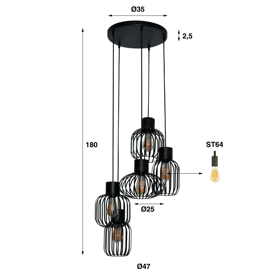 WoonStijl Hanglamp 5L getrapt mix metal