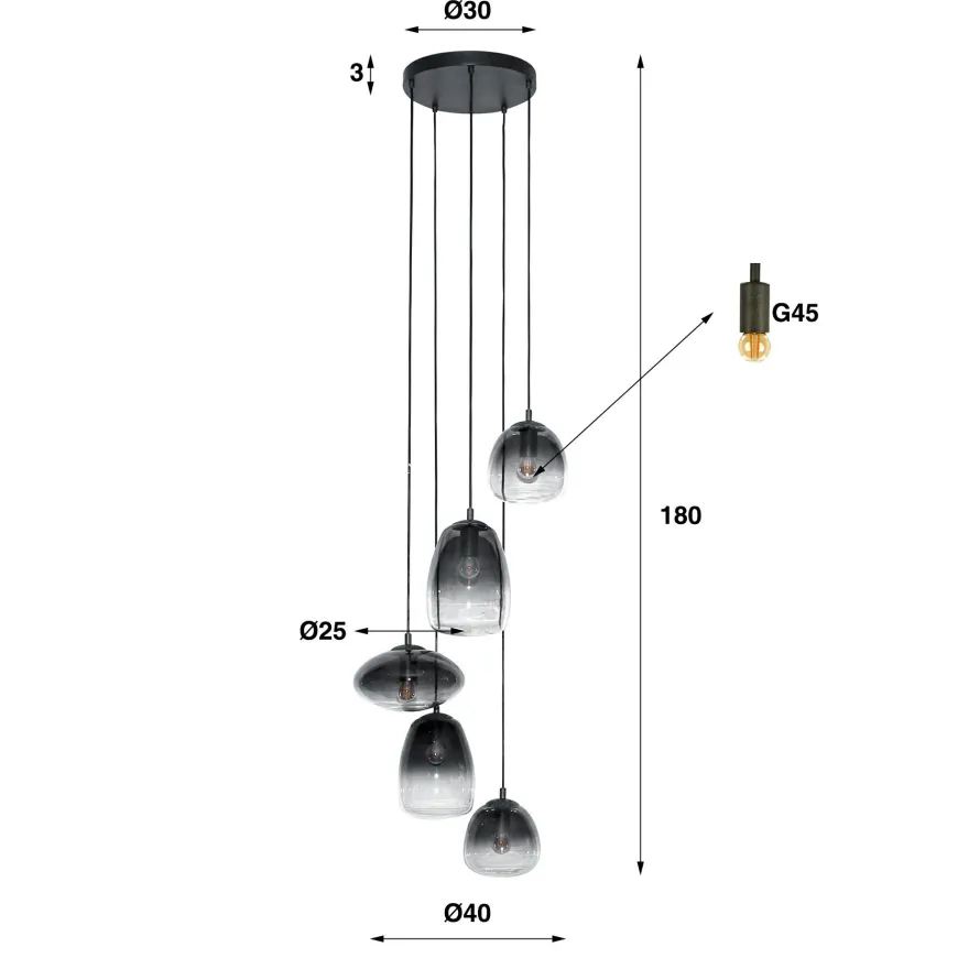 WoonStijl Hanglamp 5L getrapt mix glass shaded
