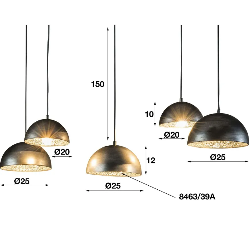 WoonStijl Hanglamp 5L met crossbar en old silvery mirror inside. / Old silvery finish