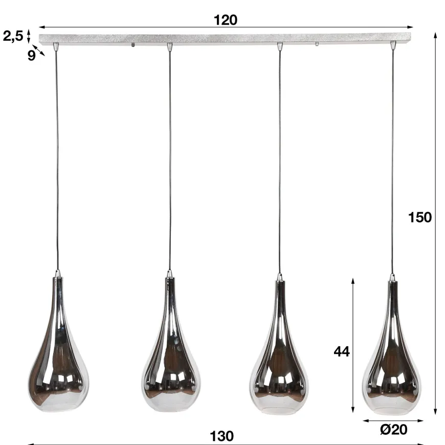WoonStijl Hanglamp 4L silver drop glass