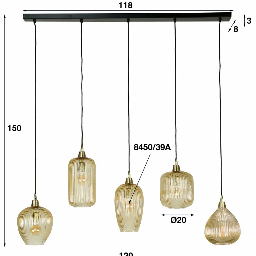 WoonStijl Hanglamp 5L stripe glass mix