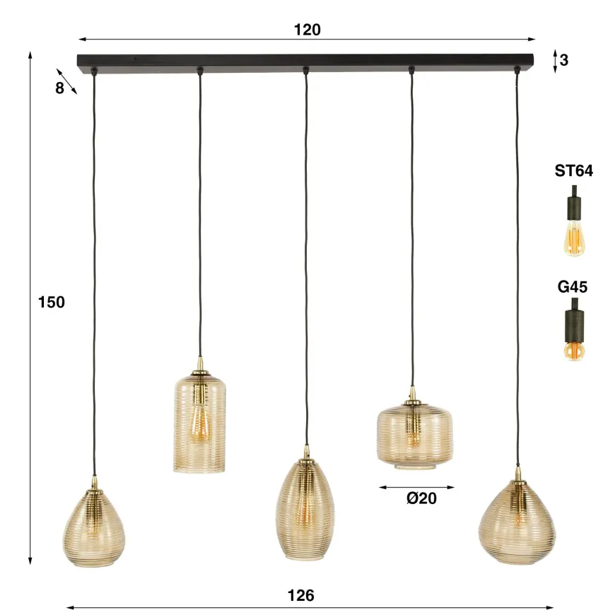 WoonStijl Hanglamp 5L Stripe glas horizontaal