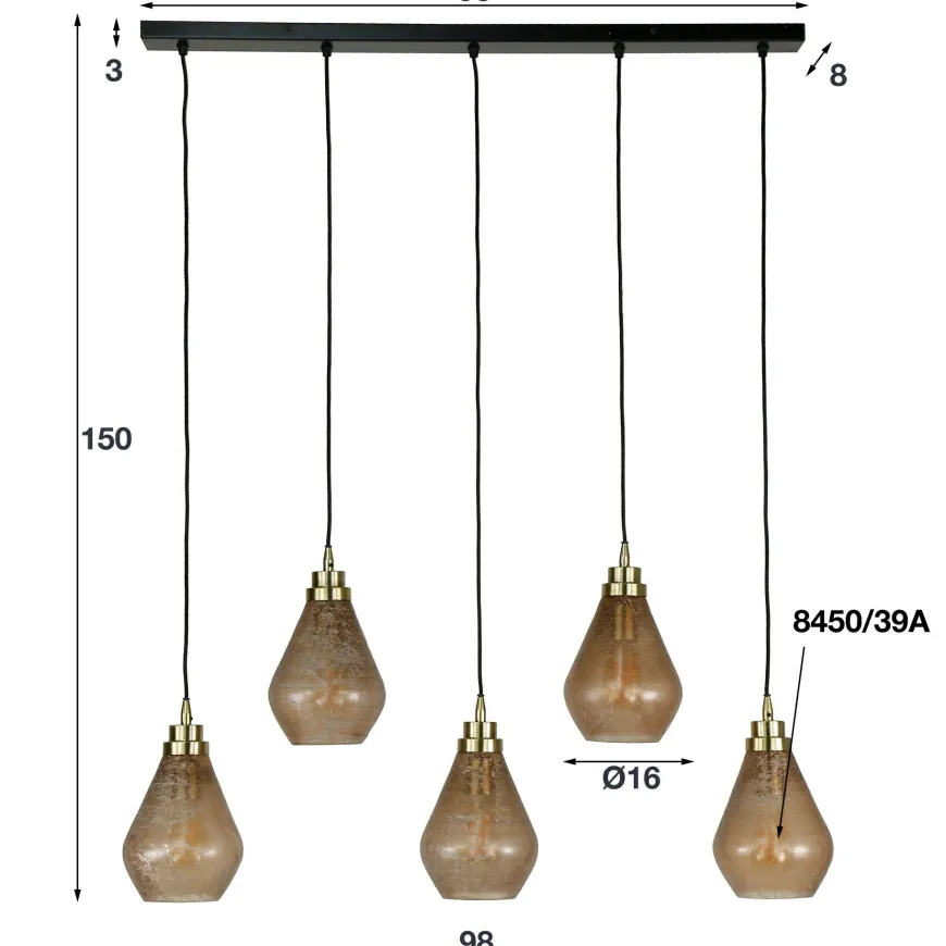 WoonStijl Hanglamp 5L vintage brown glass