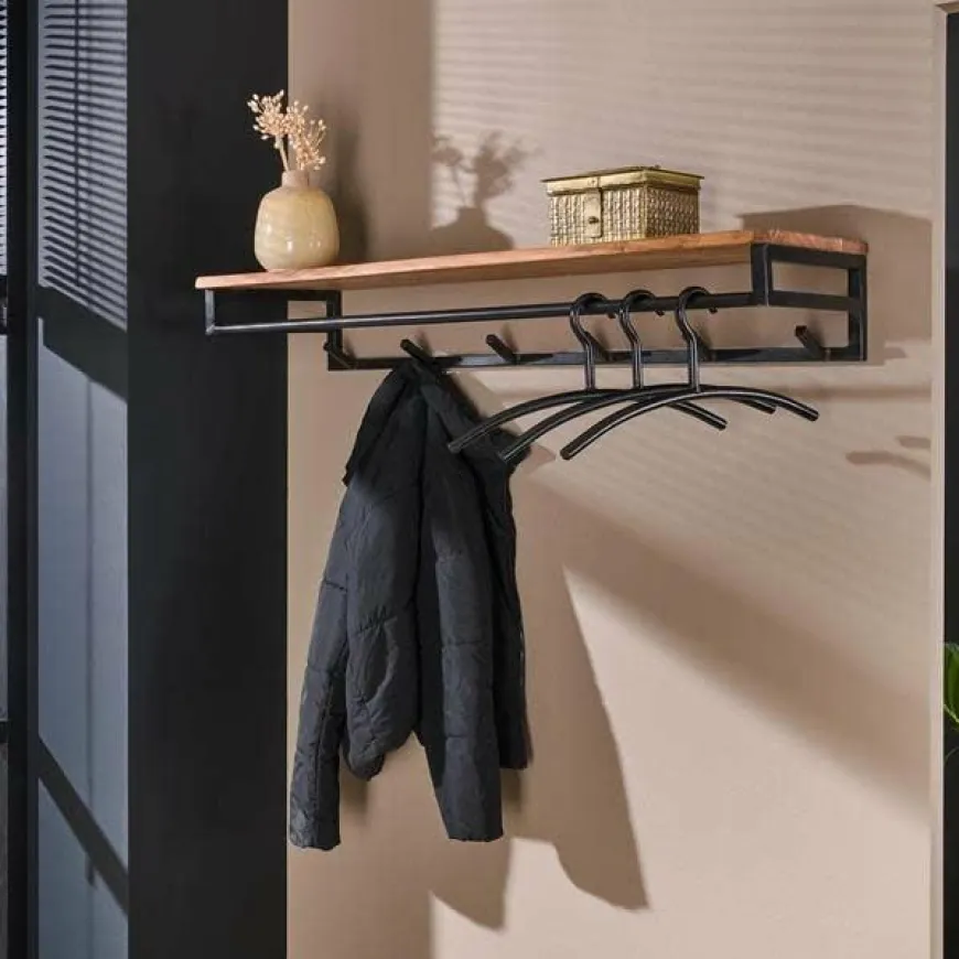 WoonStijl Kapstok Custom acacia met 6 haken en hoedenplank