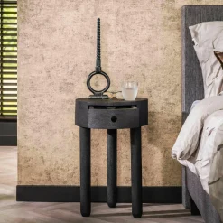 WoonStijl Nachtkastje Round zwart acacia met 1 lade