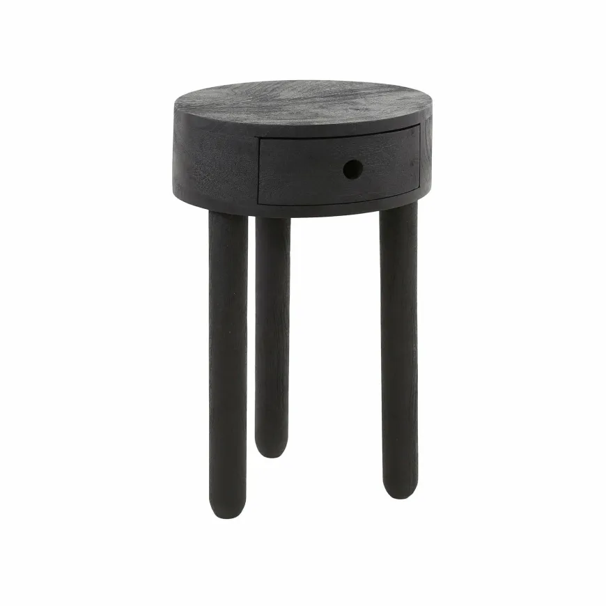 WoonStijl Nachtkastje Round zwart acacia met 1 lade