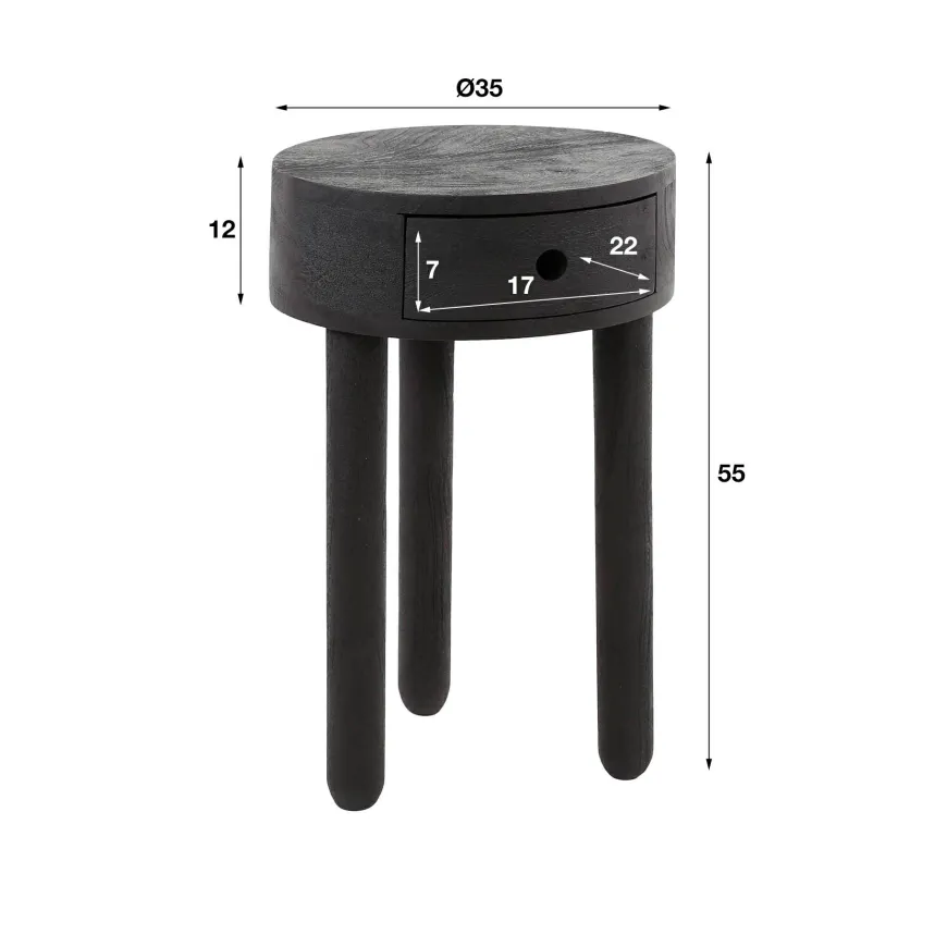 WoonStijl Nachtkastje Round zwart acacia met 1 lade