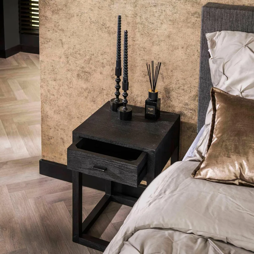 WoonStijl Nachtkastje Square zwart acacia met 1 lade