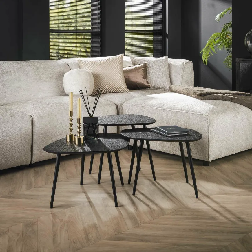 WoonStijl Salontafel set van 3 vierhoekig metallic zwart grijs