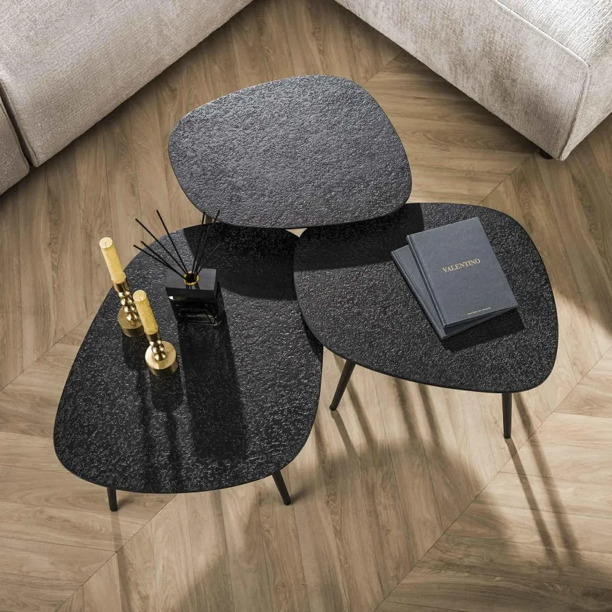 WoonStijl Salontafel set van 3 vierhoekig metallic zwart grijs