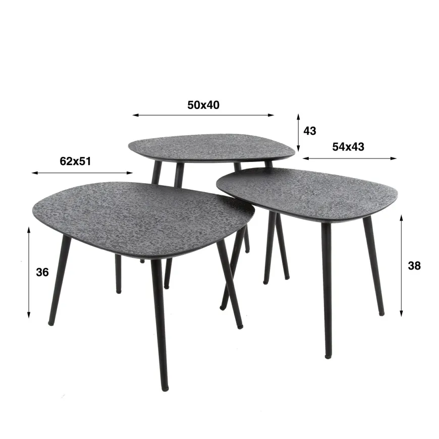 WoonStijl Salontafel set van 3 vierhoekig metallic zwart grijs