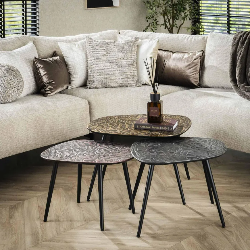 WoonStijl Salontafel set van 3 vierhoekig patina metal