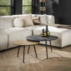 WoonStijl Salontafel set van 2 rond metallic zwart en antiek brass