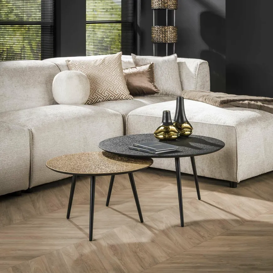 WoonStijl Salontafel set van 2 rond metallic zwart en antiek brass