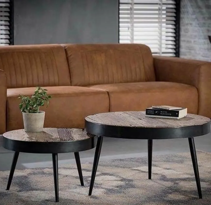 WoonStijl Set van 2 bijzettafels robuust doorleefd hardhout