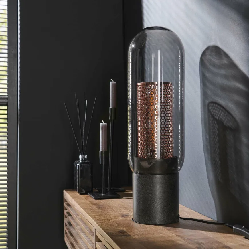 WoonStijl Tafellamp smoke glas-geperforeerd staal