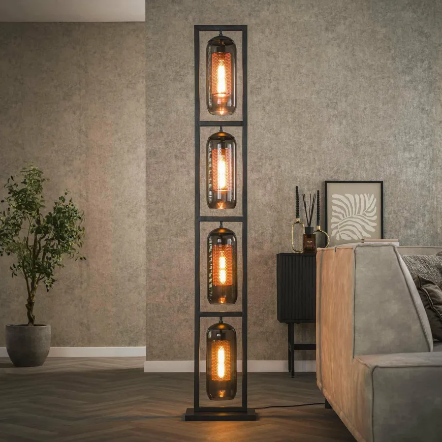WoonStijl Vloerlamp 4L tower smoke glas-geperforeerd staal