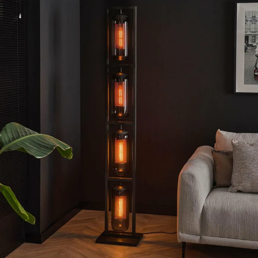 WoonStijl Vloerlamp 4L tower smoke glas-geperforeerd staal